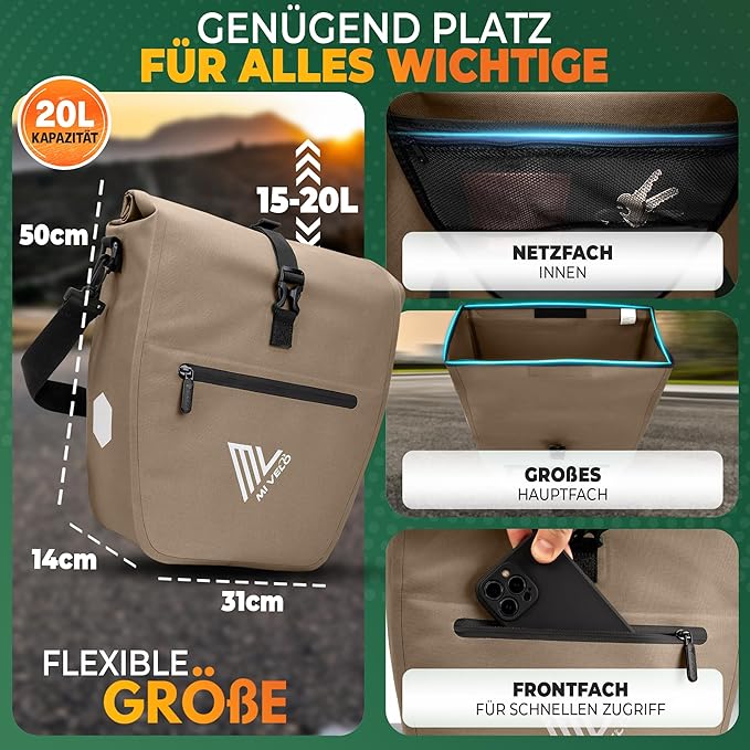 MIVELO Pannier - Imperméable & Bandoulière incluse - 20 litres - Sandbeige