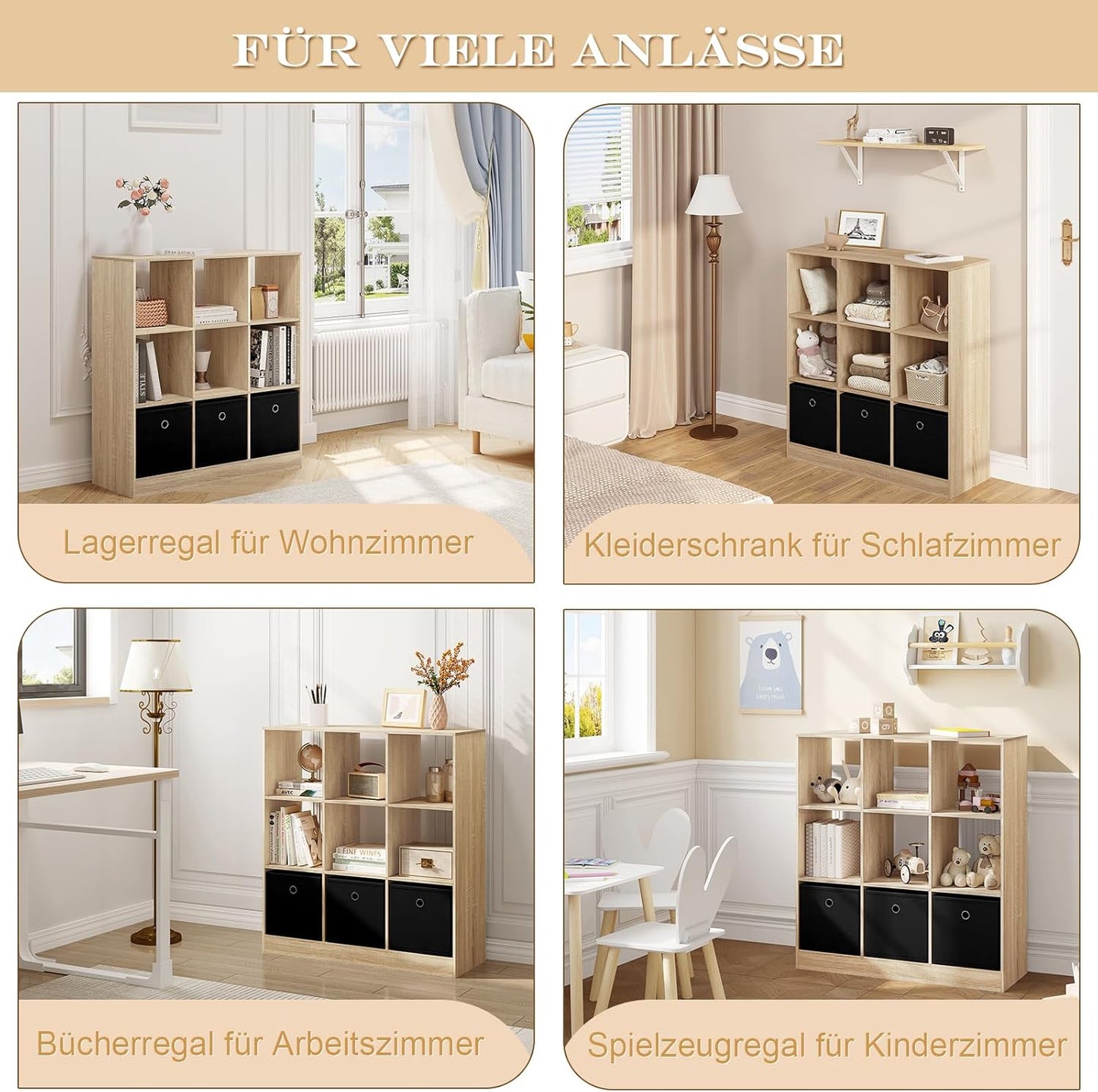 Woltu Bibliothèque 9 compartiments avec 3 tiroirs en tissu - Bois mélaminé chêne clair - 80x30x86.5 cm