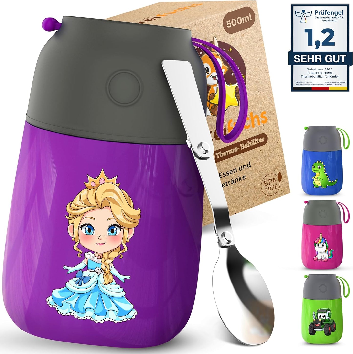 Funkelfuchs® gobelet thermos pour aliments pour bébés - 500ml, princesse mauve - 100% étanche - tasse chaude en acier inoxydable - tasse thermique - boîte à lunch thermique - aliments pour bébés