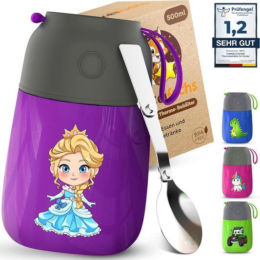 Funkelfuchs® gobelet thermos pour aliments pour bébés - 500ml, princesse mauve - 100% étanche - tasse chaude en acier inoxydable - tasse thermique - boîte à lunch thermique - aliments pour bébés