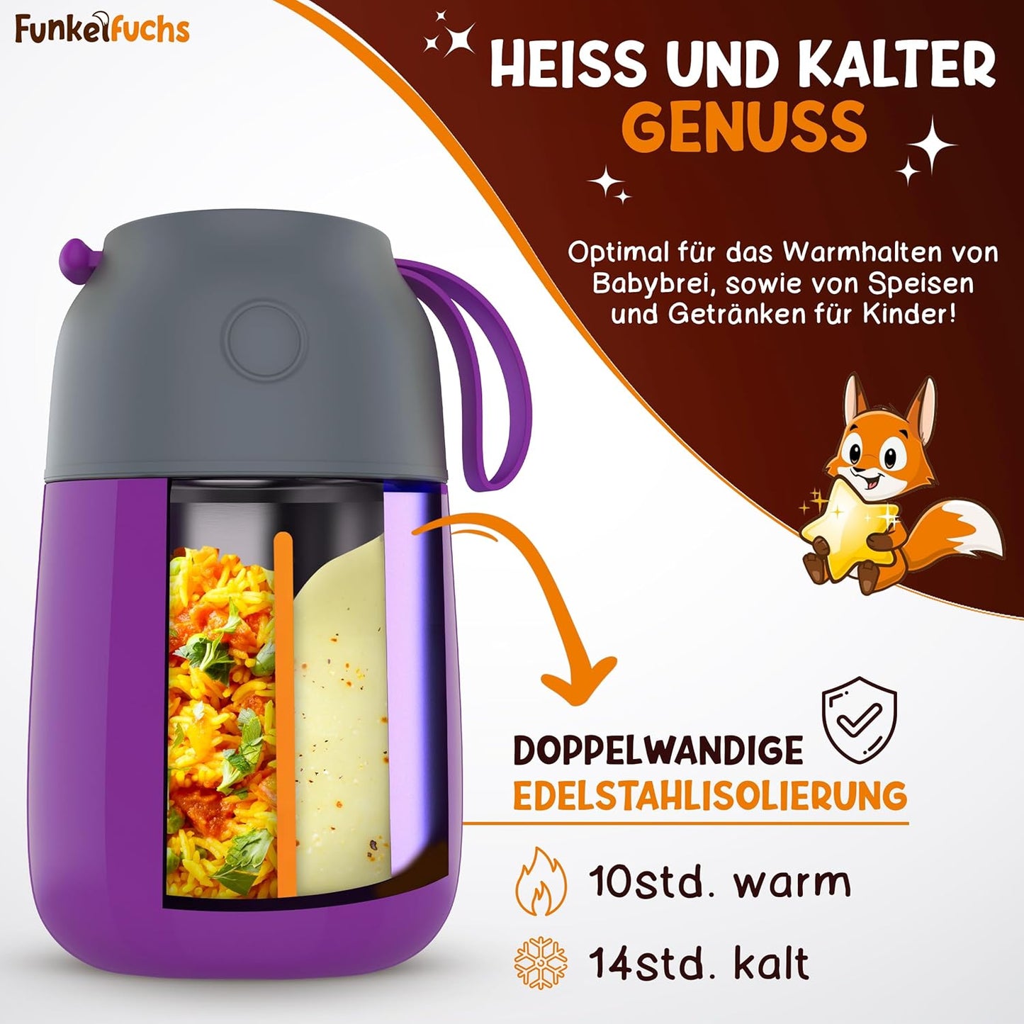 Funkelfuchs® gobelet thermos pour aliments pour bébés - 500ml, princesse mauve - 100% étanche - tasse chaude en acier inoxydable - tasse thermique - boîte à lunch thermique - aliments pour bébés