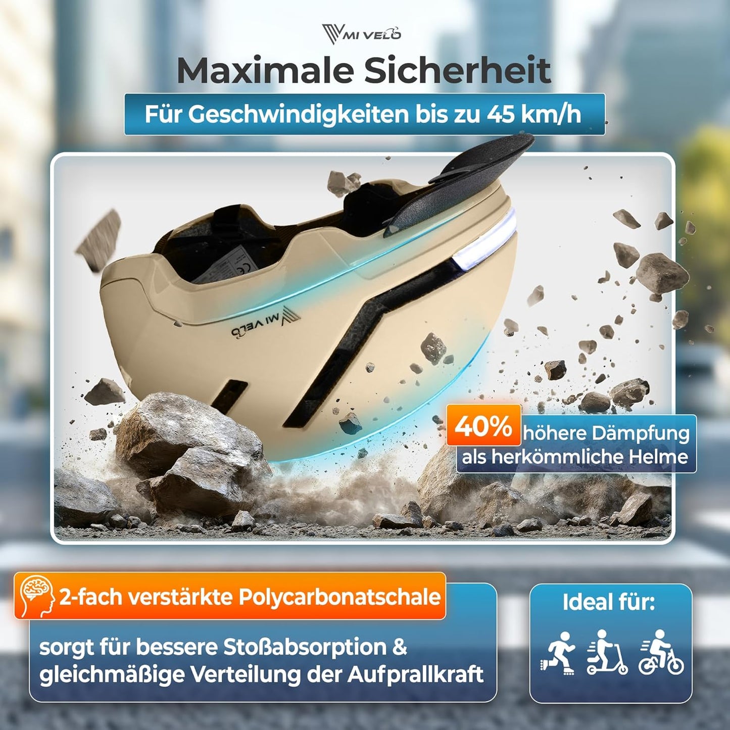 Mivelo Casque de vélo unisexe NOVA - Avec lumière - Certifié NTA jusqu'à 45km/h - Beige - Taille M (54-58 cm)