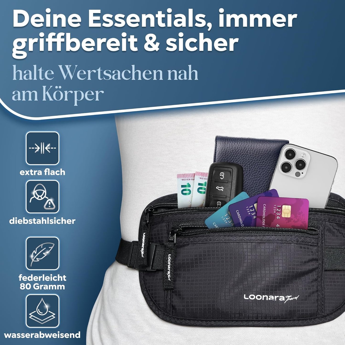Loonara Travel Hip Bag - Avec compartiment secret - 13.5 x 25 cm - Noir