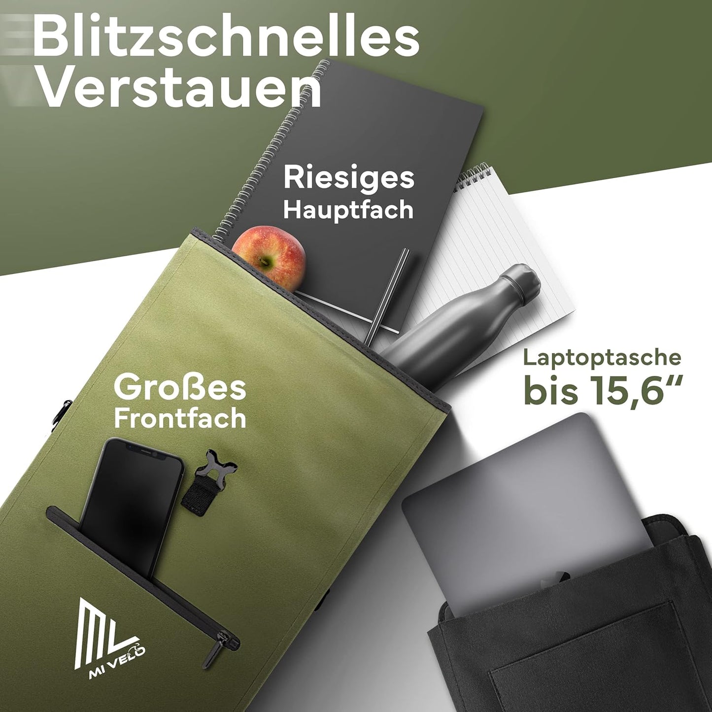MIVELO Sacoche 3 en 1 pour porte-bagages - 100% étanche - sans PVC - Vert olive - 25L