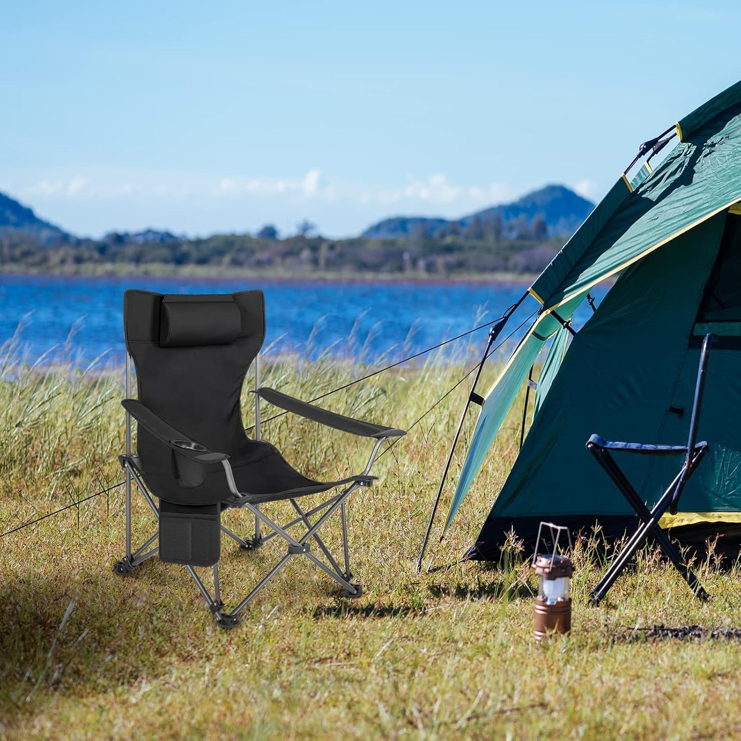 Chaise de camping pliable Woltu - Chaise longue et chaise de pêche avec repose-pieds et porte-gobelet - 160x88,5x84 cm - Noir