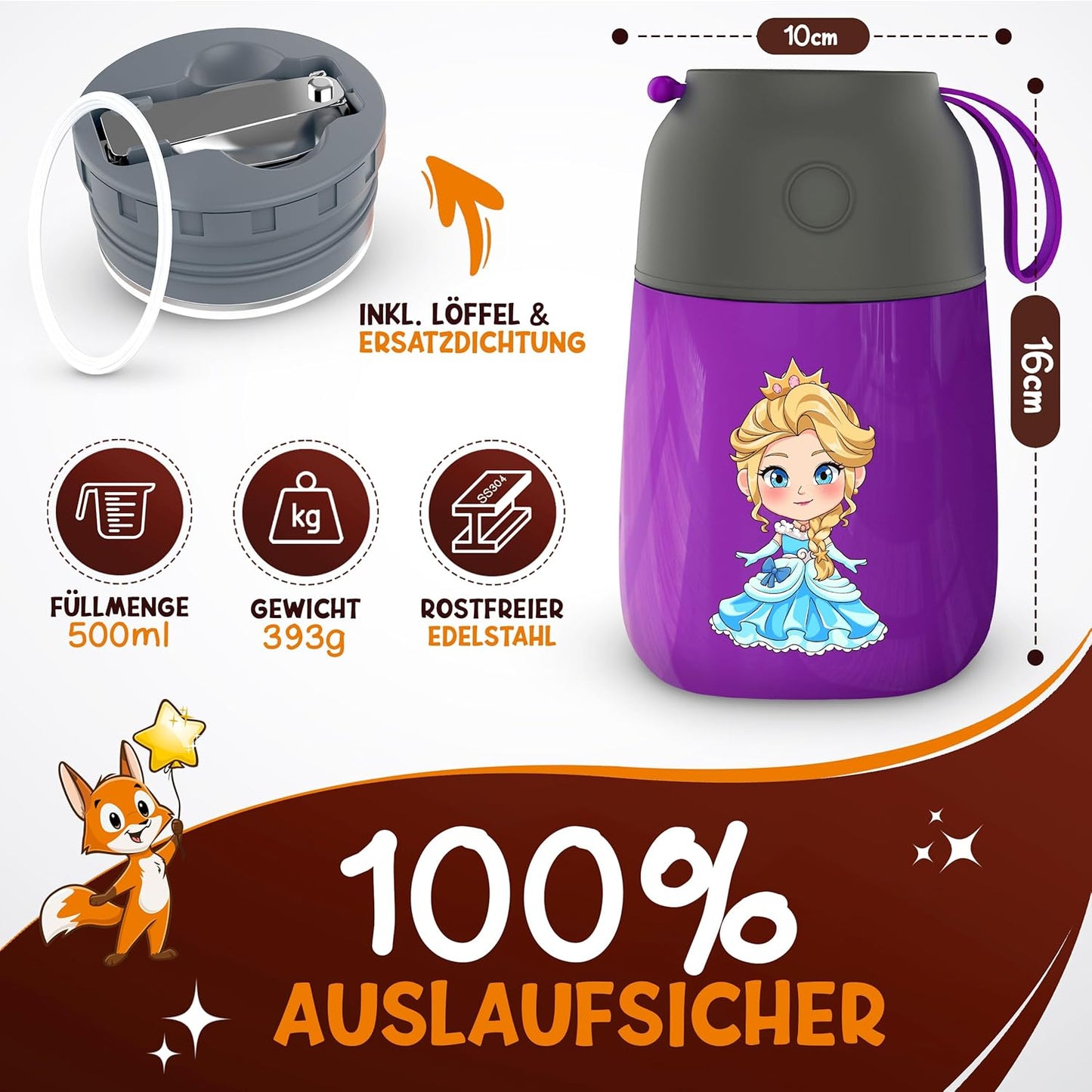 Funkelfuchs® gobelet thermos pour aliments pour bébés - 500ml, princesse mauve - 100% étanche - tasse chaude en acier inoxydable - tasse thermique - boîte à lunch thermique - aliments pour bébés