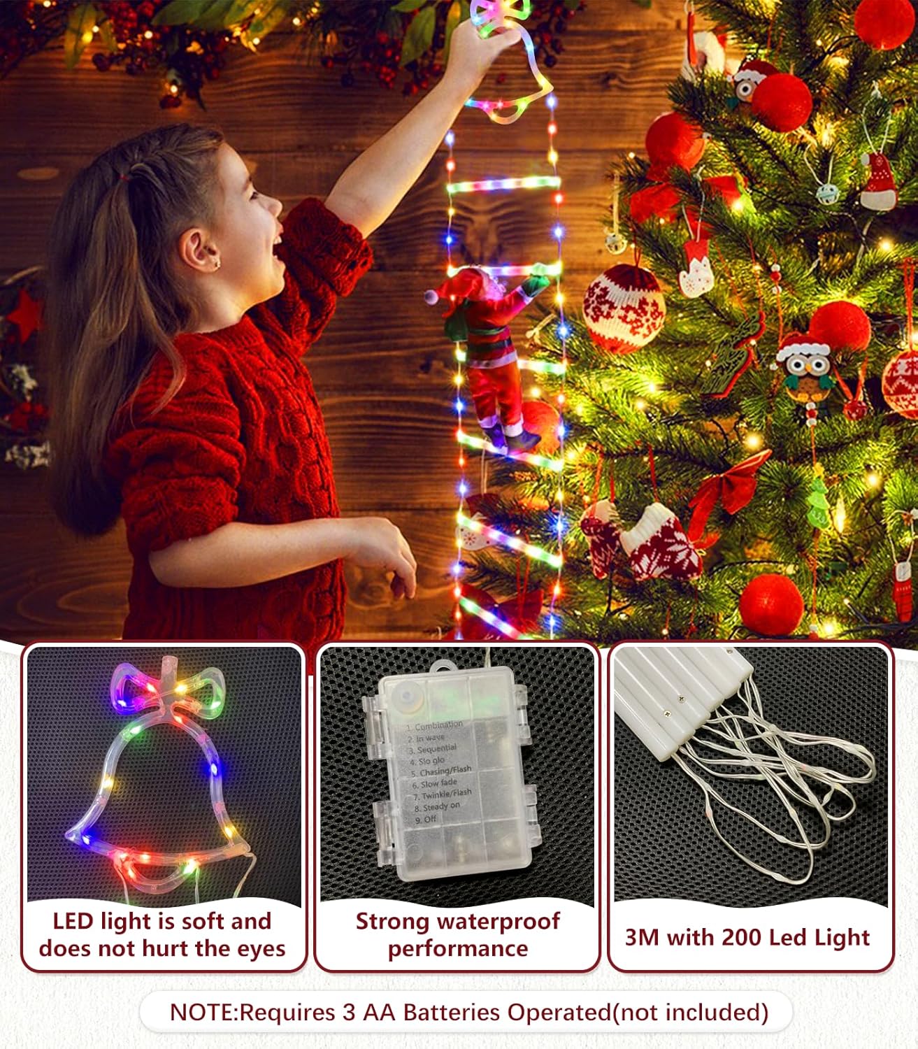 Illuminations de Noël extérieures échelle LED avec Père Noël 200 cm multicolore - batterie - 150 lumières - 8 modes d'éclairage - intérieur et extérieur