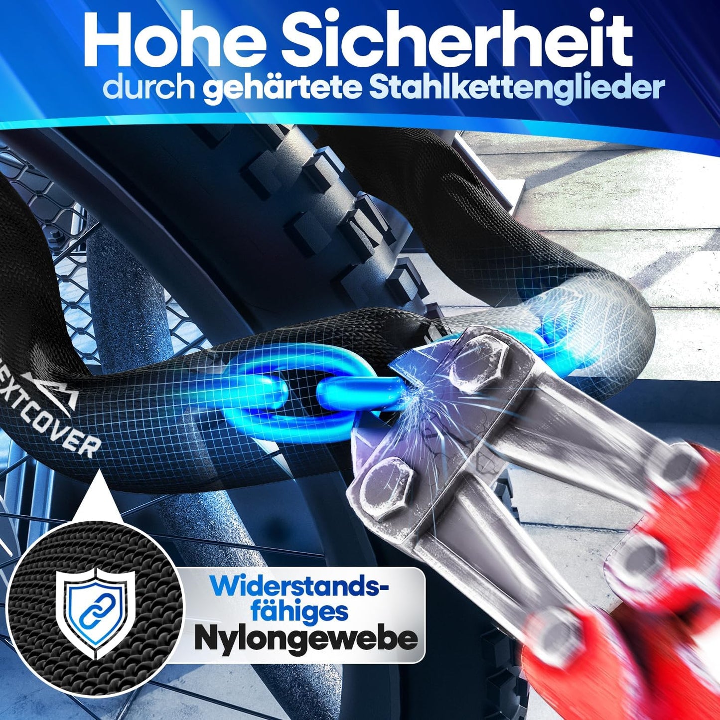 NEXTCOVER® Cadenas à vélo LockOne avec clé I - [SAFE] Cadenas à vélo haute sécurité I cadenas à chaîne robuste et durable I Cadenas à vélo, cadenas à vélo 3 clés