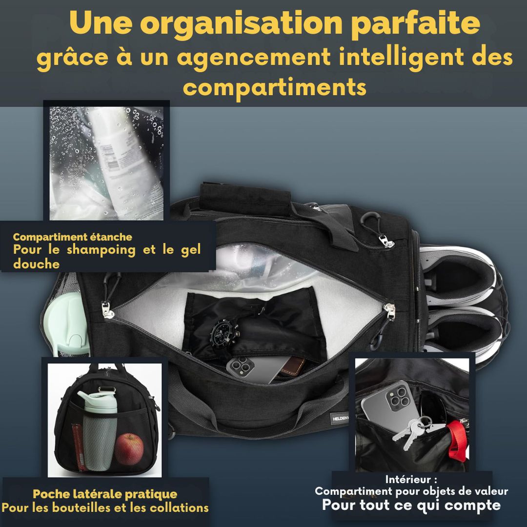 Sac de sport Herowerk - avec compartiment à chaussures et compartiment humide, sac d'entraînement pour femmes et hommes, idéal comme sac de voyage, sac de fitness, sac d'entraînement - avec bandoulière - noir