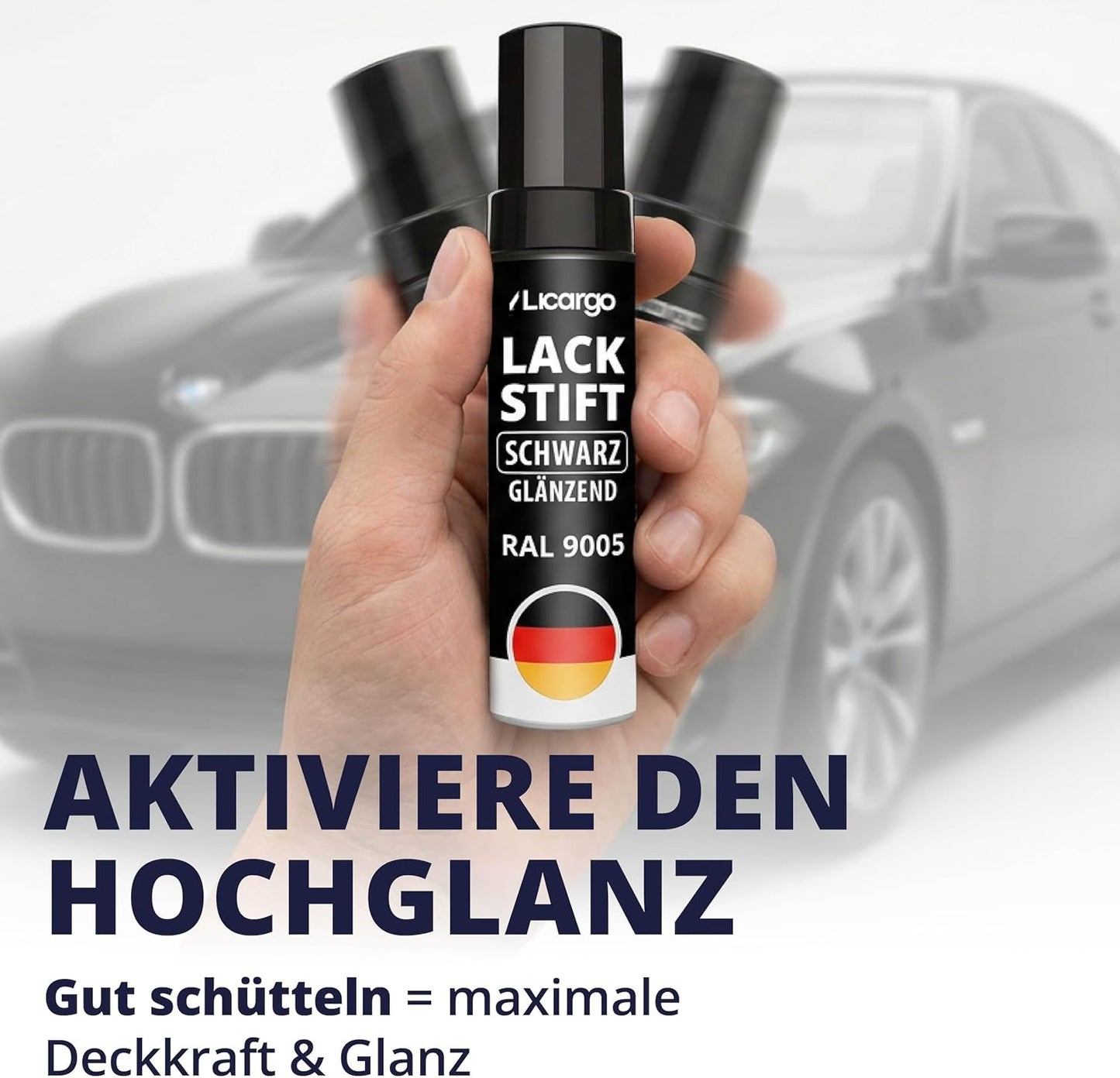 Licargo Lacquer Stick Car Black Gloss 12 ml - Pinceau de précision - Séchage rapide Réparation des rayures et des éclats de pierre