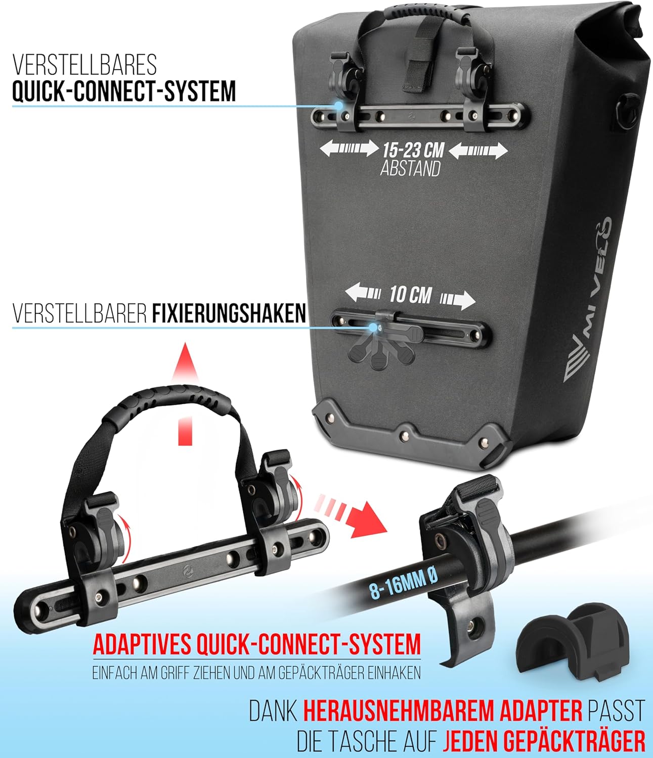 MIVELO Sacoche pour vélo - 100% étanche - Compartiment pour ordinateur portable - 25L - 43 x 33 x 5 cm - Couleur carbone