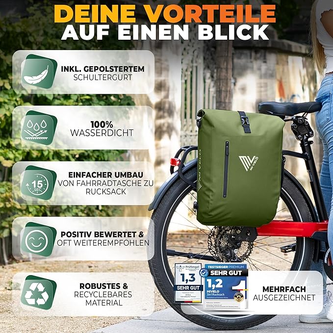 MIVELO - Sacoche étanche 3 en 1 avec compartiment pour ordinateur portable - Vert olive - 20L