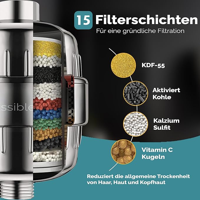 Essible 15-stage shower filter - with vitamins C and E - stainless steel water filter for shower head - against limescale, chlorine and fluoride**.