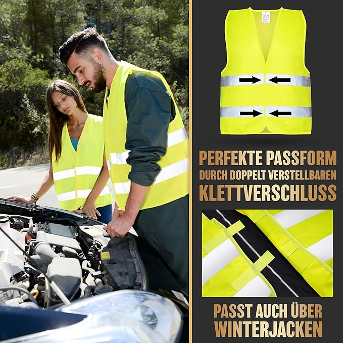 HELDENWERK Gilet de sécurité pour la voiture, lot de 2 adultes - Gilet de sécurité réfléchissant fluorescent 2026 - Gilet de sécurité pour la voiture, gilet de dépannage, certifié UE