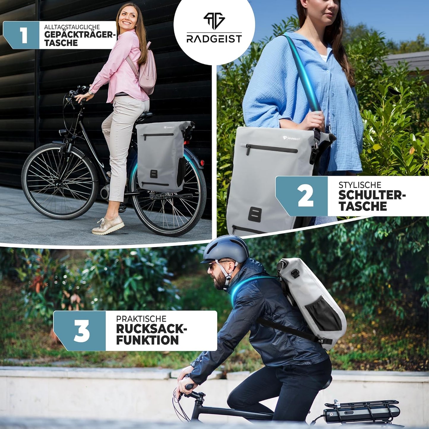 RADGEIST 3in1 bike bag for carrier I sac à vélo, sac à dos et sac à bandoulière 18-22L I sac à vélo 100% étanche gris