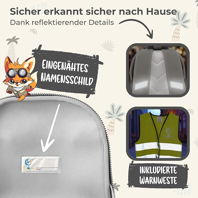 REISERACKER Sac à dos pour enfants Adventure - 27 x 24,5 x 15 cm - Sac à dos étanche avec réflexions et gilet de sécurité