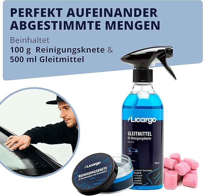 Kit d'argile de nettoyage LICARGO Premium - brillance intense pour la peinture automobile - 100 g d'argile pour peinture - 500 ml de lubrifiant - pour un nettoyage en profondeur