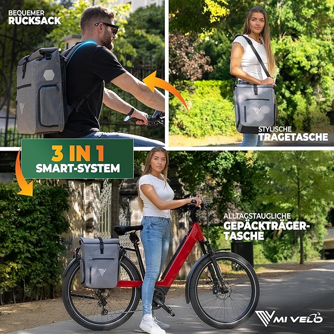 MIVELO - 3-in-1 Pannier & Sac à dos - Capacité 25 l - TPU - Gris - Avec compartiment pour ordinateur portable et bandoulière - Pour porte-bagages