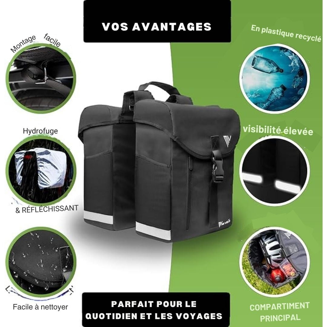Sacoche double pour vélo MIVELO - Capacité 36L - Protection contre la pluie - Compatible MIK & Racktime - Matière recyclée - Noir