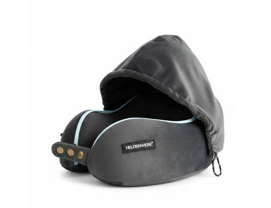 HELDENWERK - Coussin de cou et oreiller de voyage - Mousse à mémoire de forme gris foncé - Avec cordon de serrage ajustable et housse douce et veloutée - Confort ergonomique - Pour l'avion et la voiture