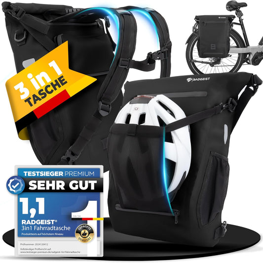 RADGEIST 3in1 bike bag for carrier I sac à vélo, sac à dos et sac à bandoulière 18-22L I sac pour vélo 100% étanche noir