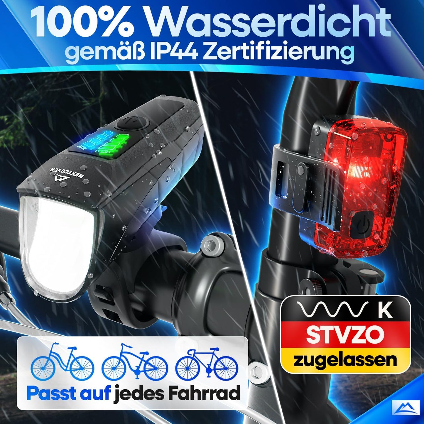 NEXTCOVER® Kit d'éclairage pour vélo - Avec capteur - 11 heures d'autonomie - rechargeable par USB - étanche - homologué StVZO