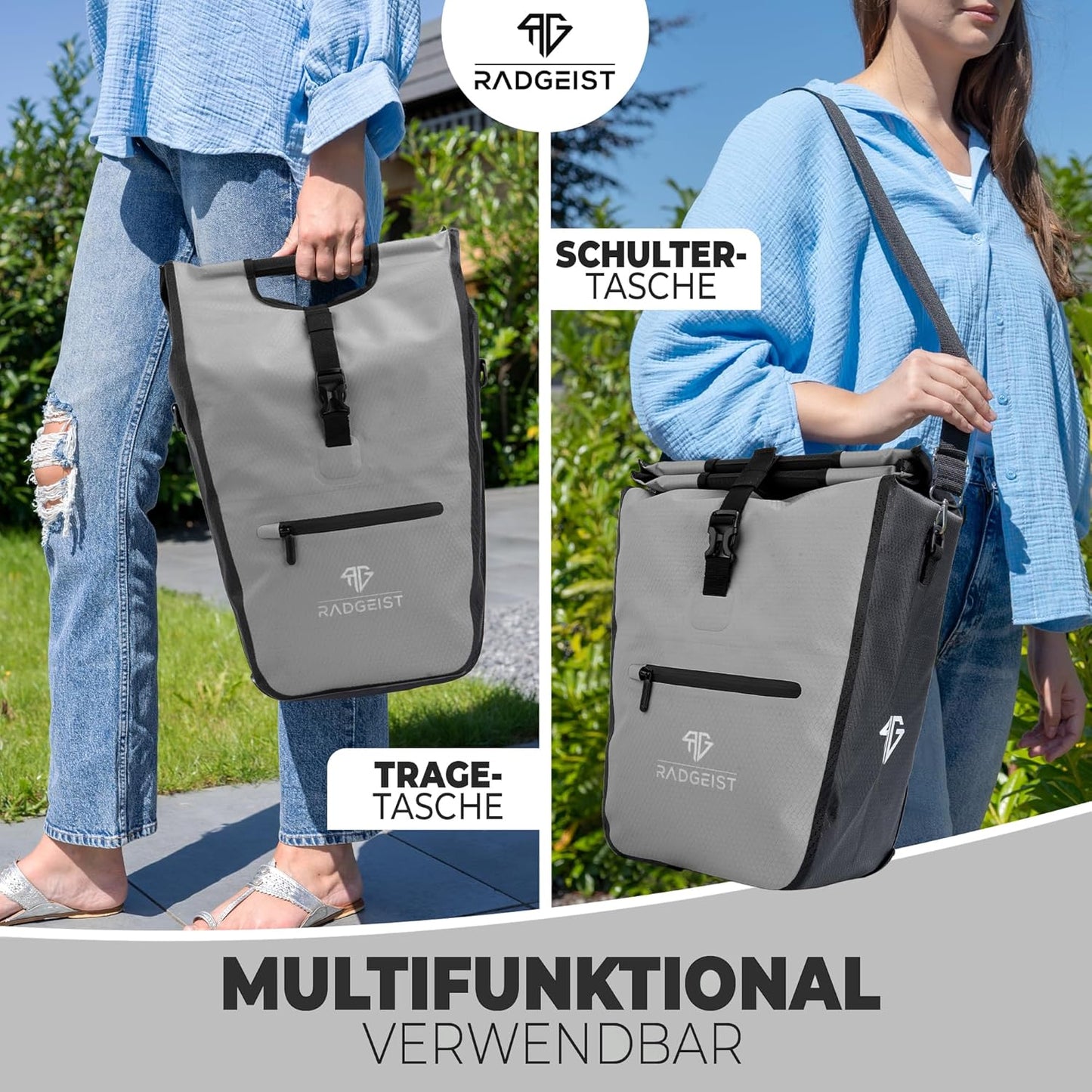 RADGEIST sacoche vélo pour porteur I sacoche vélo shopper avec sac isotherme amovible I sac shopping & sac shopping 22-28 litres - gris