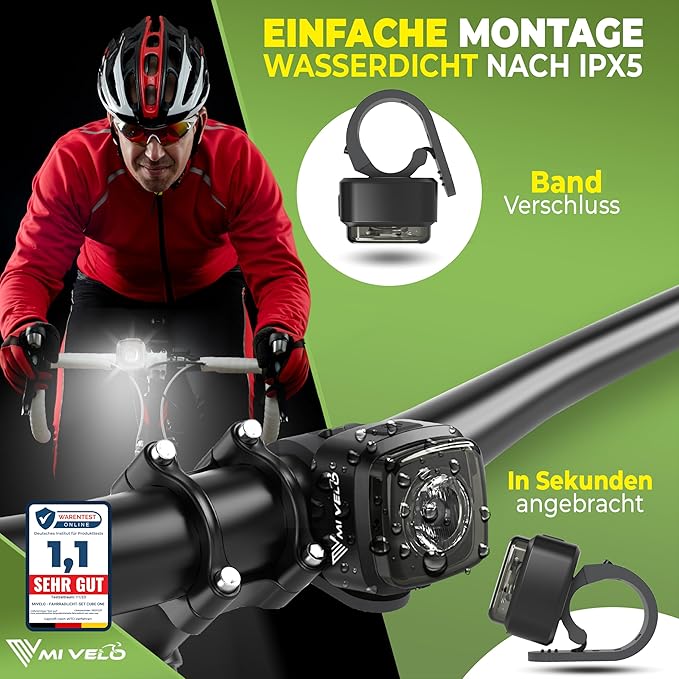MIVELO Lumière pour vélo - rechargeable par USB et 100% étanche - IPX5 - Noir