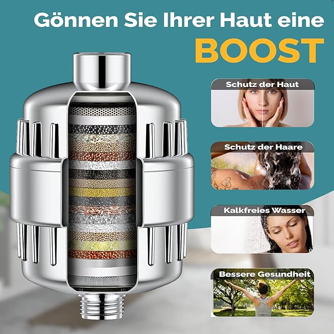 Essible 15-stage shower filter - with vitamins C and E - stainless steel water filter for shower head - against limescale, chlorine and fluoride**.