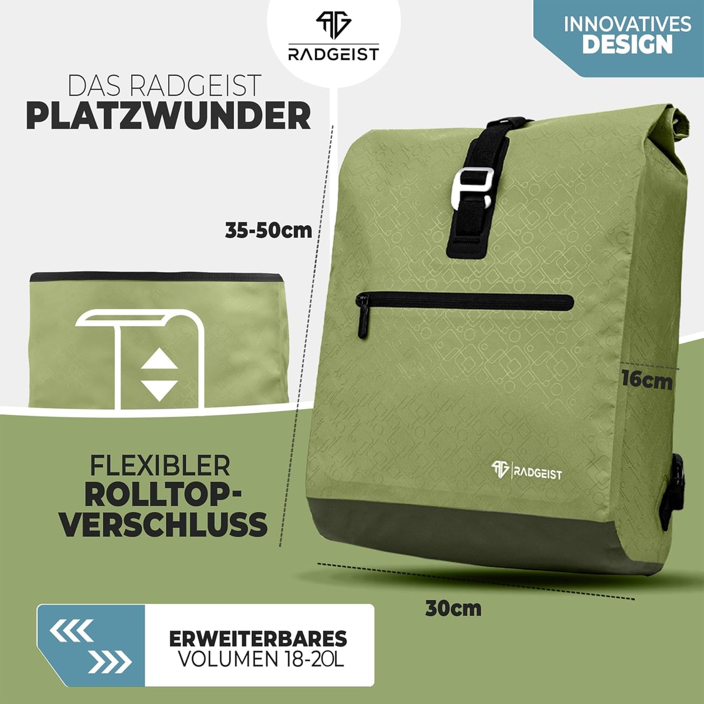 RADGEIST sac à vélo pour porteur I sac à vélo & sac à dos I sac à vélo pour femmes & hommes I sac à bandoulière & sac à vélo pour vélo 20L vert