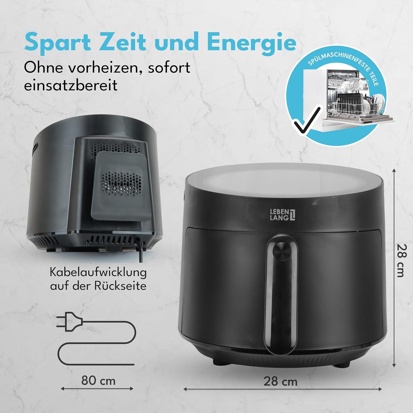 LEBENLANG Airfryer 5L & 1500W - 8 Programmes - Livre de recettes inclus - 45 x 30 x 27 cm - Noir