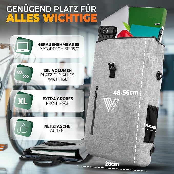 MIVELO 3-in-1 Pannier - Sac à dos et sac à bandoulière - Imperméable avec compartiment pour ordinateur portable et serrure - 20L - Gris