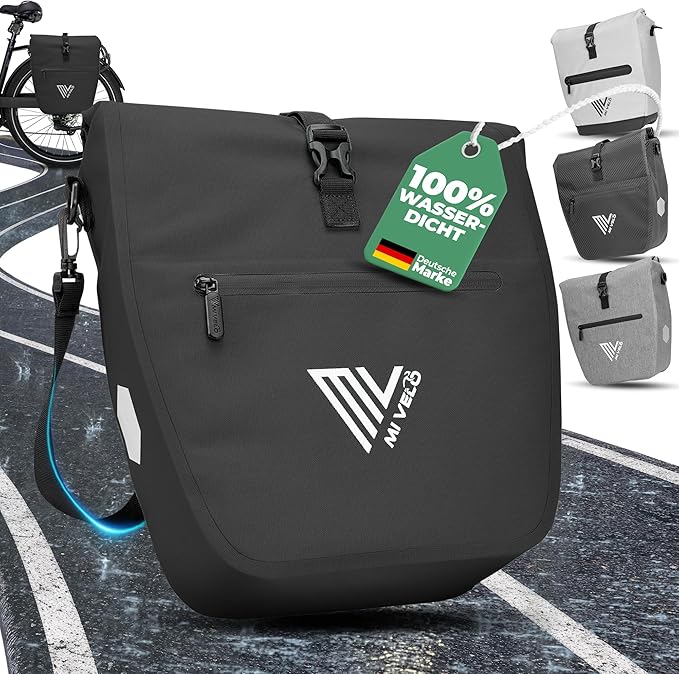 MIVELO Pannier - Imperméable & Incl. Compartiment pour ordinateur portable & Bandoulière - 20 litres - Noir