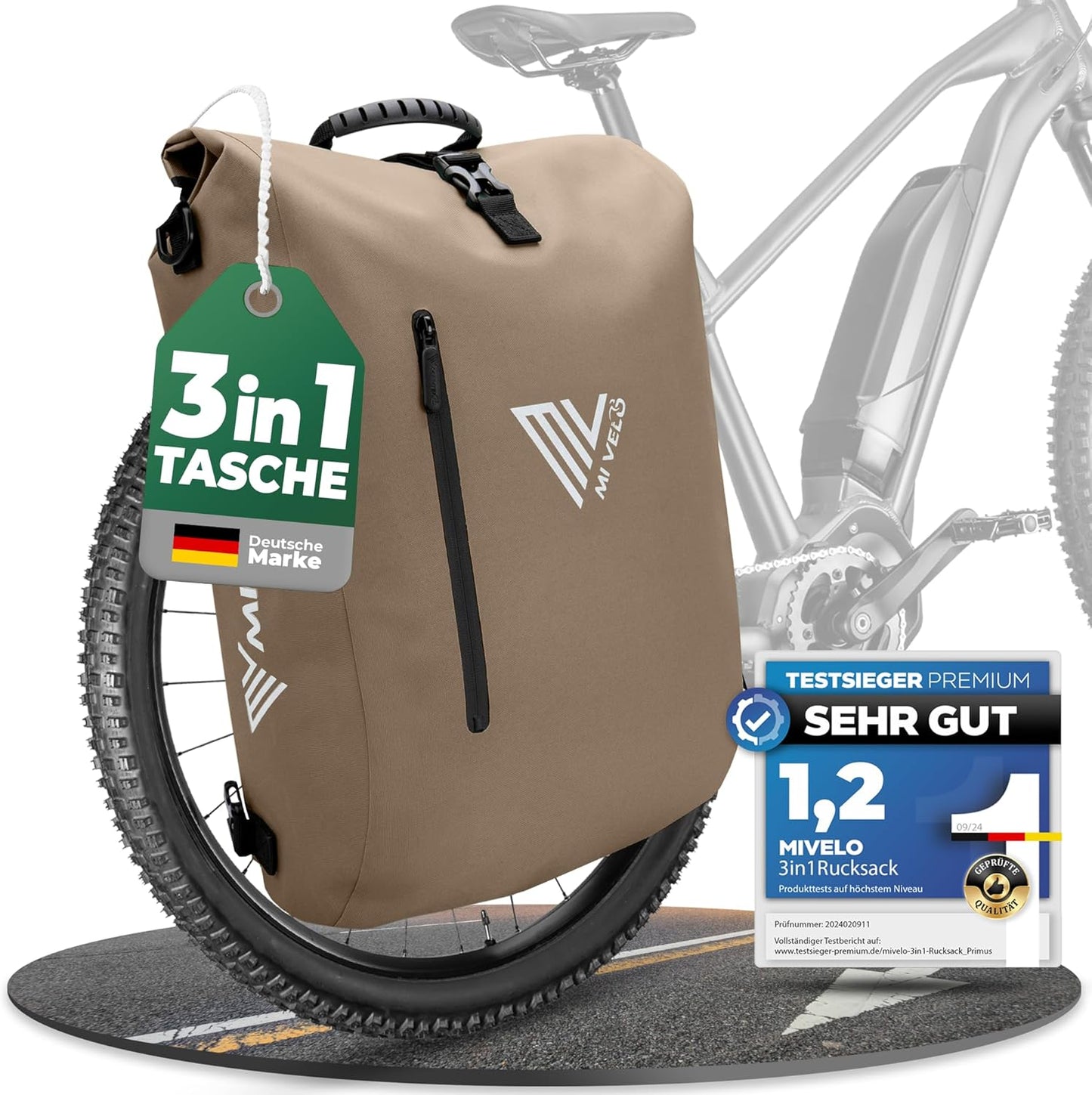 MIVELO Sacoche à vélo étanche 3 en 1 avec compartiment pour ordinateur portable et serrure - sans PVC - Beige sable - 20 L