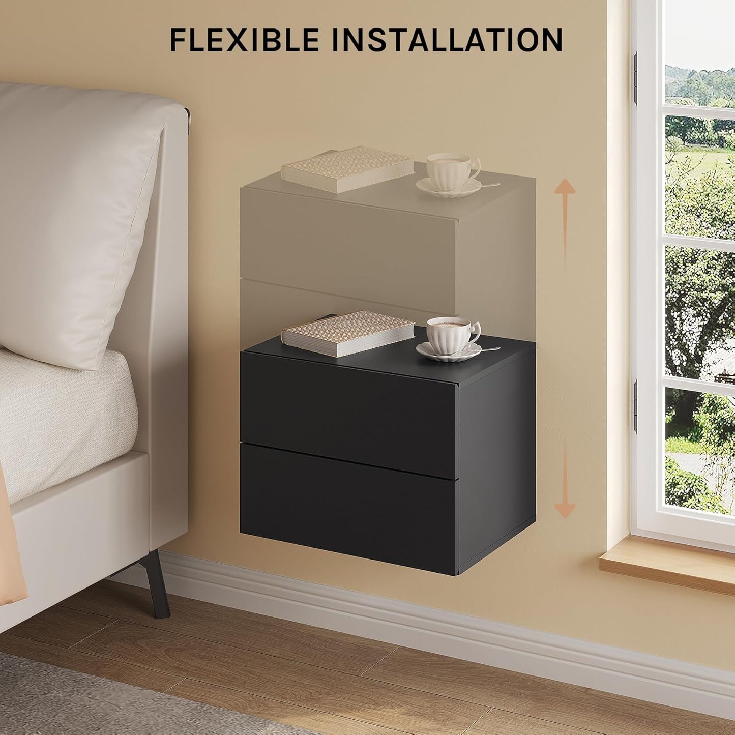 Woltu Floating Nightstands Set of 2 - Black - 40 x 30 x 30 cm - Table de nuit murale moderne avec tiroir