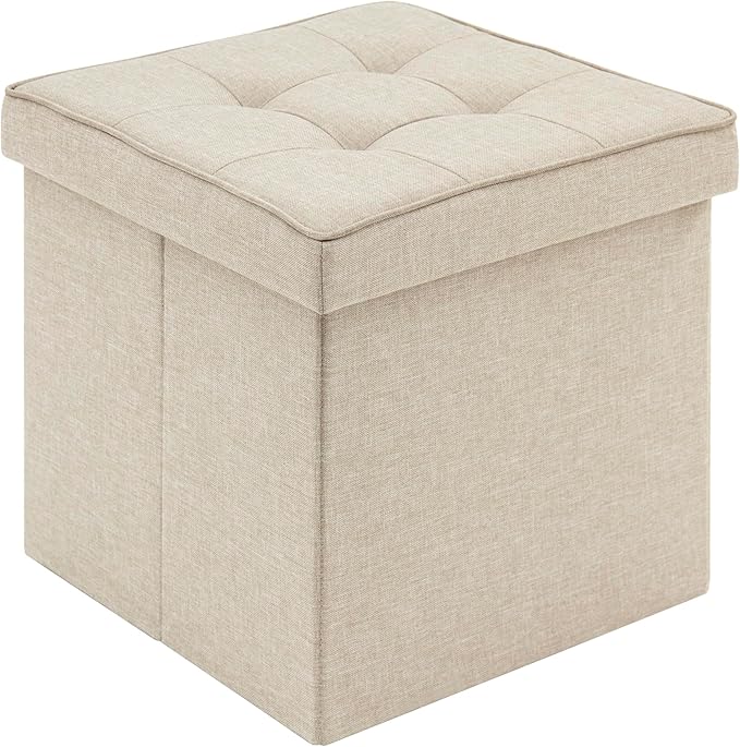 WOLTU pouf de rangement avec couvercle - tabouret de rangement cube - pliable - siège en lin - 37,5 x 37,5 x 38 cm - beige