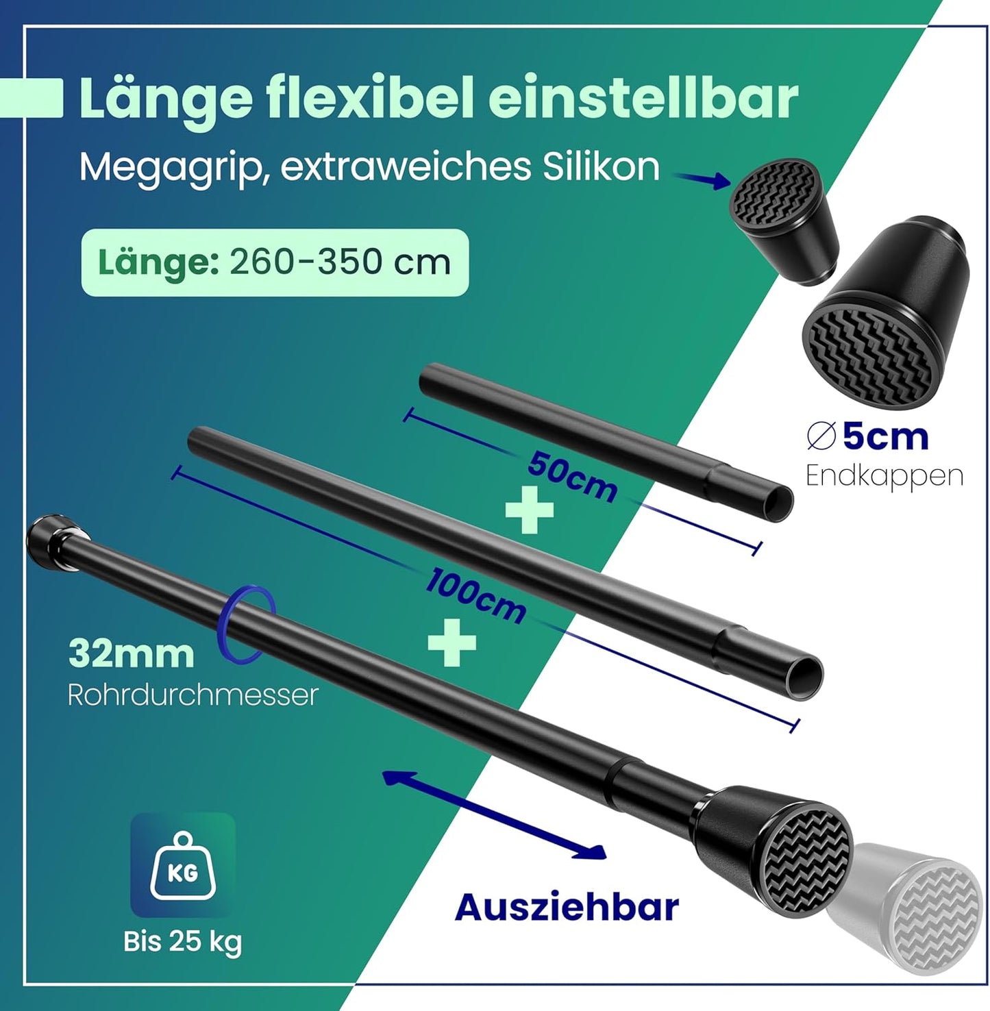 LOBUX® - Tringle à rideau sans perçage [noir, 260-350cm] - tringle télescopique extension de rideau - tringle de douche sans perçage - tringle à rideau, tringle à rideau de douche, tringle à linge, tringle de serrage filet de chat