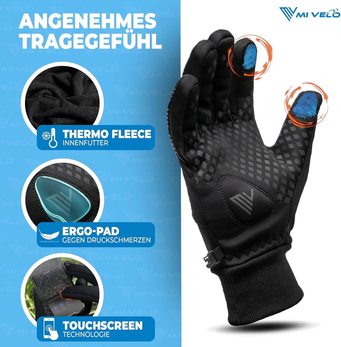 MIVELO Gants de cyclisme VELORIDER - Coupe-vent et imperméable - Fonctionne avec les écrans tactiles - Noir - Taille M