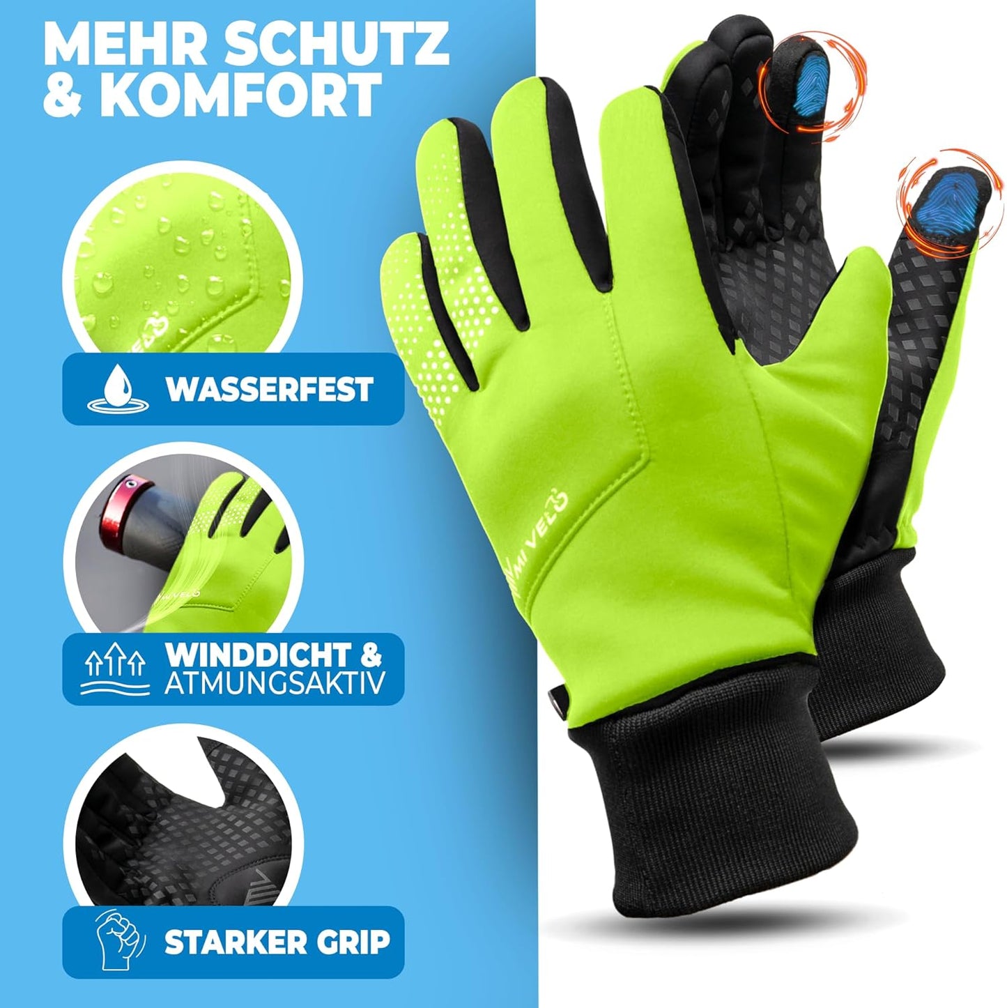 MIVELO Gants de cyclisme VELORIDER - Coupe-vent et imperméable - Grip ferme - Jaune - Taille S