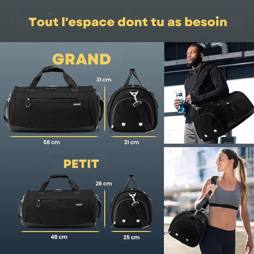 Sac de sport Herowerk - avec compartiment à chaussures et compartiment humide, sac d'entraînement pour femmes et hommes, idéal comme sac de voyage, sac de fitness, sac d'entraînement - avec bandoulière - noir