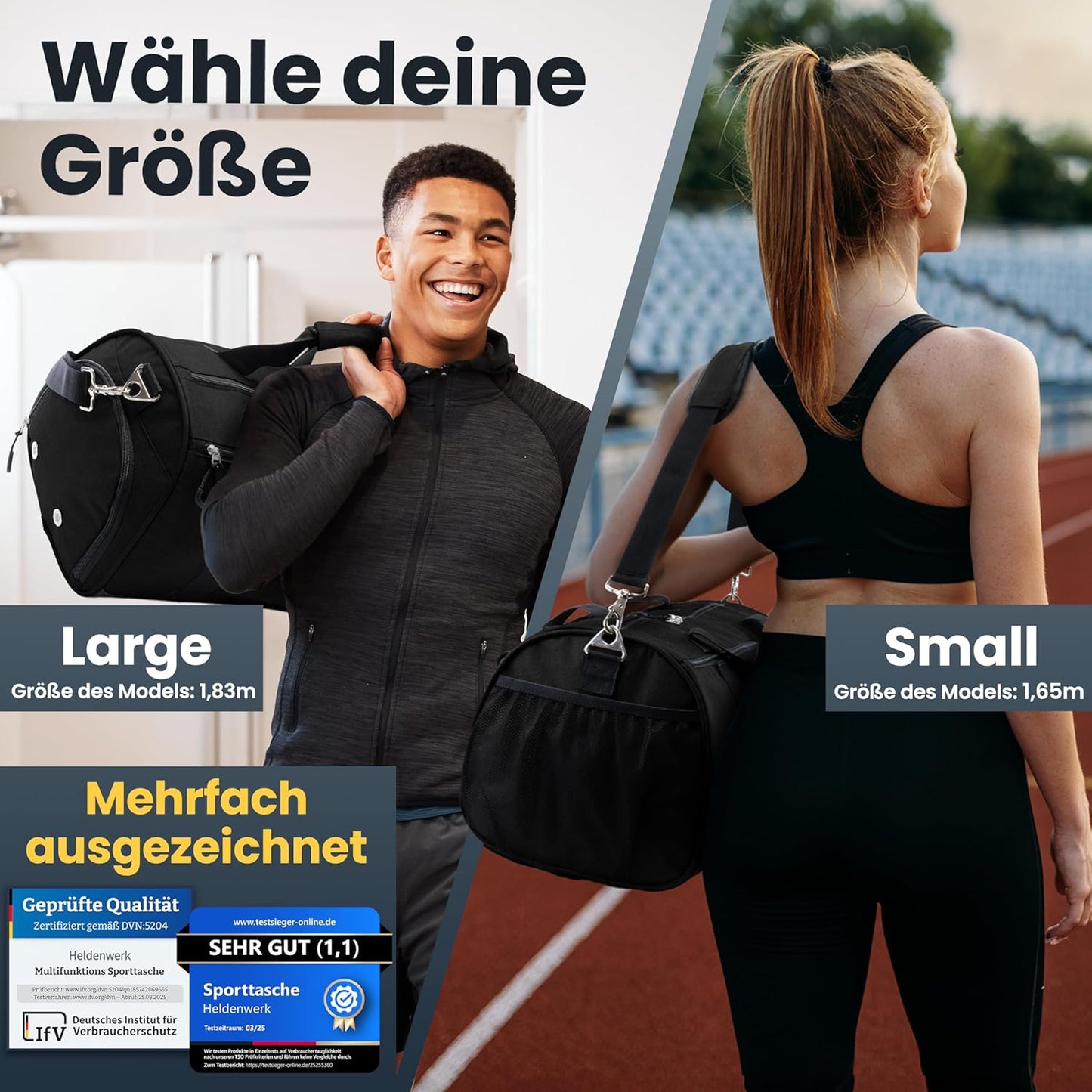Herowerk Sac de sport avec compartiment à chaussures et compartiment humide, sac d'entraînement pour femmes et hommes, idéal comme sac de voyage, sac de fitness, sac d'entraînement ou sac de sport, noir, Sac de sport avec bandoulière