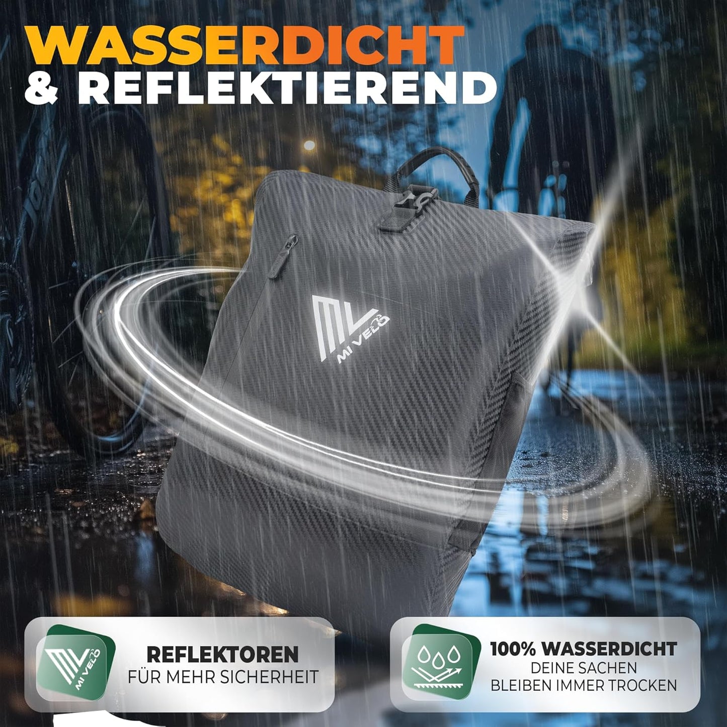 MIVELO PRIMUS - Sacoche étanche 3-en-1 avec compartiment pour ordinateur portable et fermeture - Carbone - 20 L