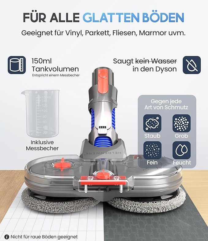 HELDENWERK Accessoire serpillière pour aspirateur Dyson V6, accessoires Dyson, accessoire serpillière, balai électrique avec réservoir d'eau, réservoir de recharge et 8 serpillières lavables.