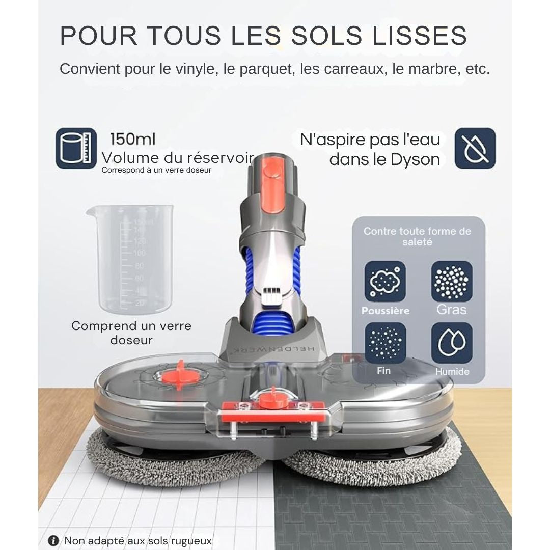 Accessoire serpillière pour aspirateur Dyson - HELDENWORK -V7/V8/V10/V11/V15/Gen5 - essuie-sol électrique avec réservoir d'eau, de recharge et 8 serpillières lavables - noir/gris