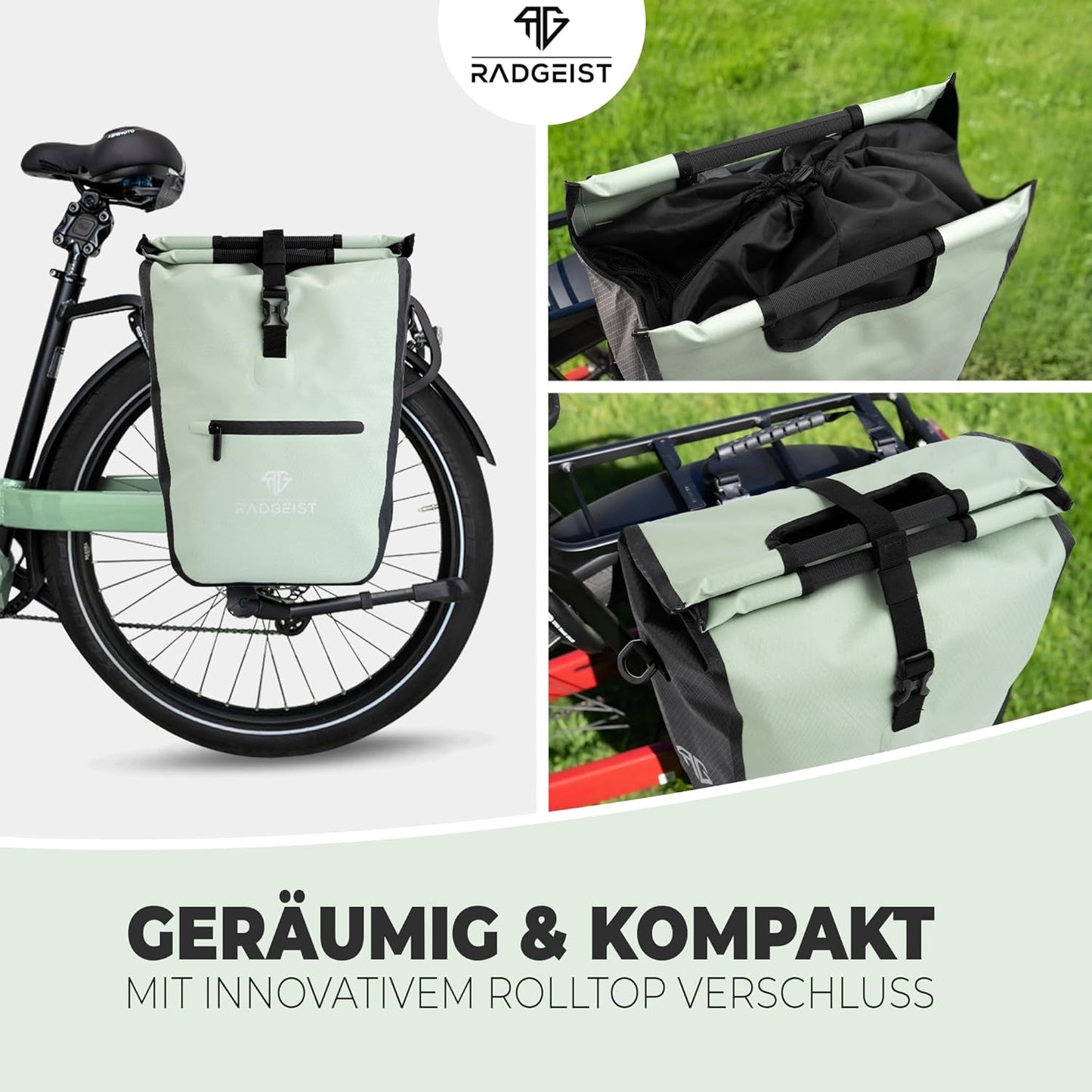 RADGEIST sac à vélo pour porteur I sac à vélo shopper avec sac isotherme amovible I sac à provisions & sac à provisions 22-28 litres - vert