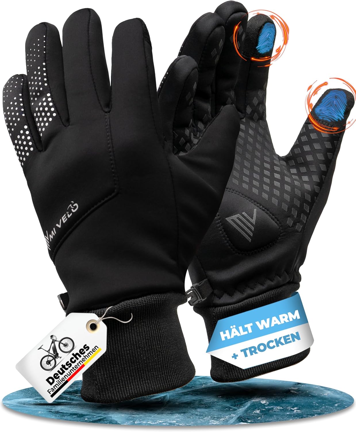 MIVELO Gants de cyclisme VELORIDER - Coupe-vent et imperméable - Fonctionne avec les écrans tactiles - Noir - Taille M