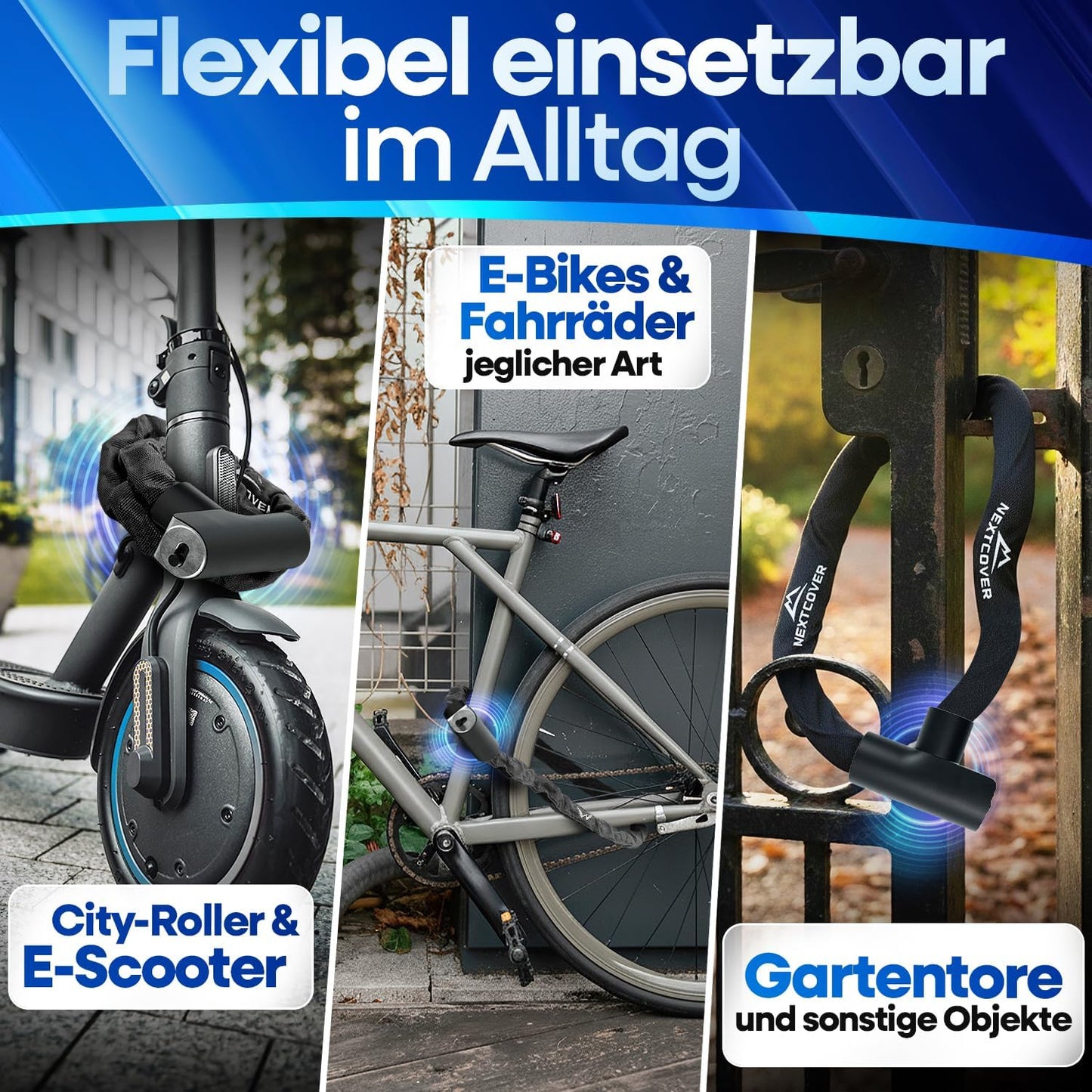 NEXTCOVER® Cadenas à vélo LockOne avec clé I - [SAFE] Cadenas à vélo haute sécurité I cadenas à chaîne robuste et durable I Cadenas à vélo, cadenas à vélo 3 clés