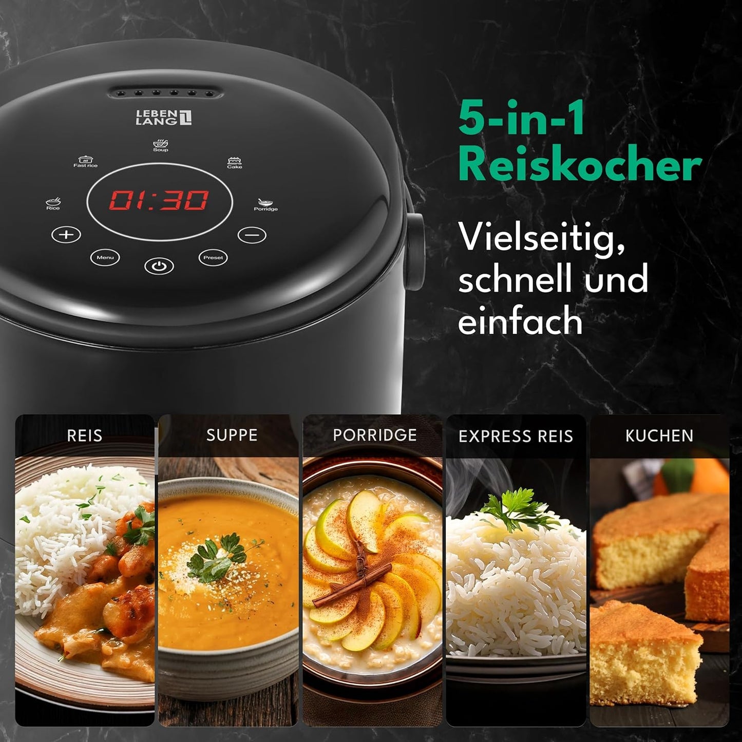 LEBENLANG Cuiseur de riz numérique 0.8L - 400W - Noir - 30x26x22 cm - Avec minuterie, fonction de chauffage, tasse à mesurer et cuillère à riz