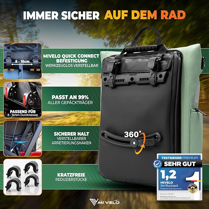 MIVELO - Sac à dos - Sac à dos et sac à bandoulière 3-en-1 - TPU étanche - 25 litres - Menthe