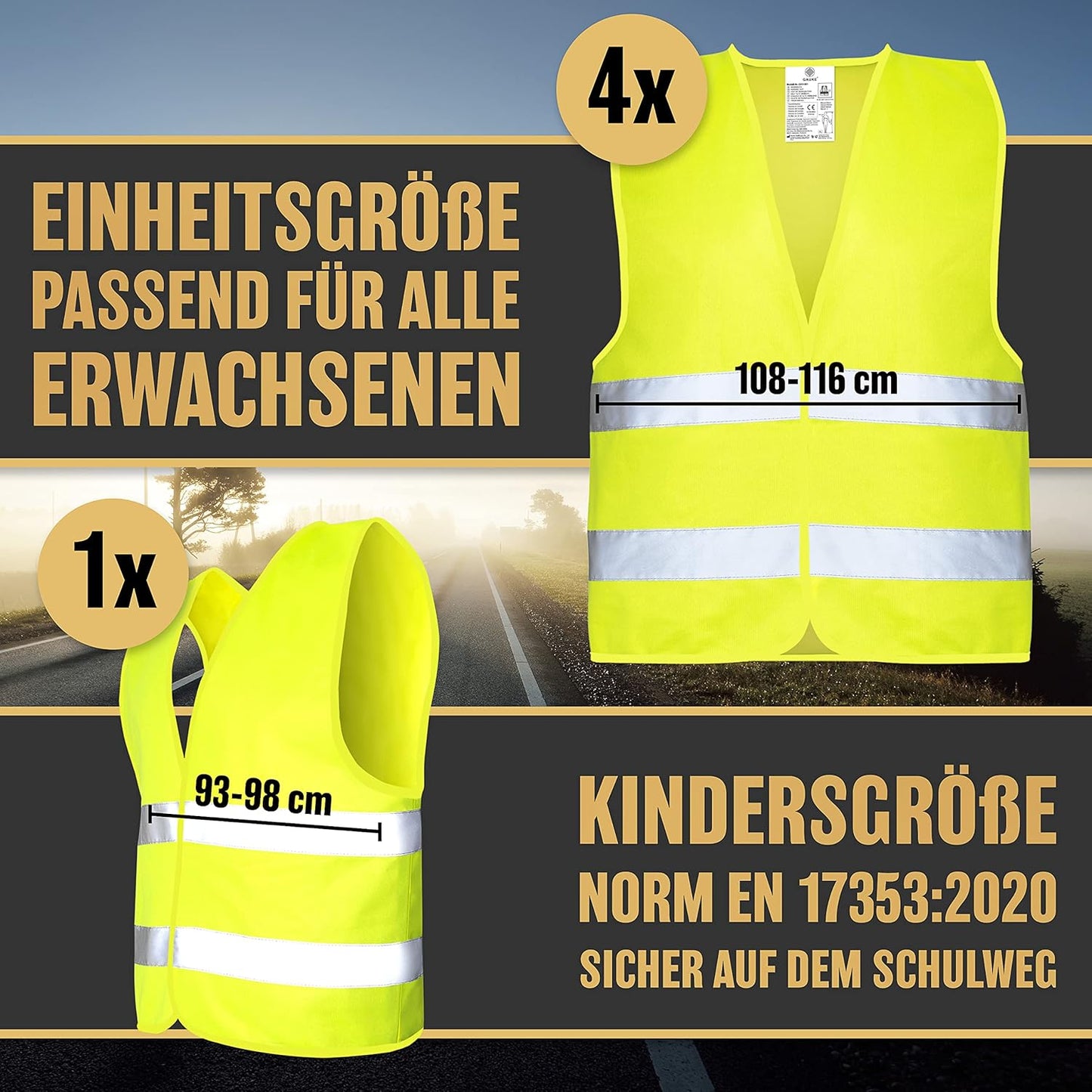 Gilets de sécurité Heroic pour la voiture - Ensemble 5+1 - Comprend un gilet pour enfants - Approuvé par l'UE - Réfléchissant - Jaune